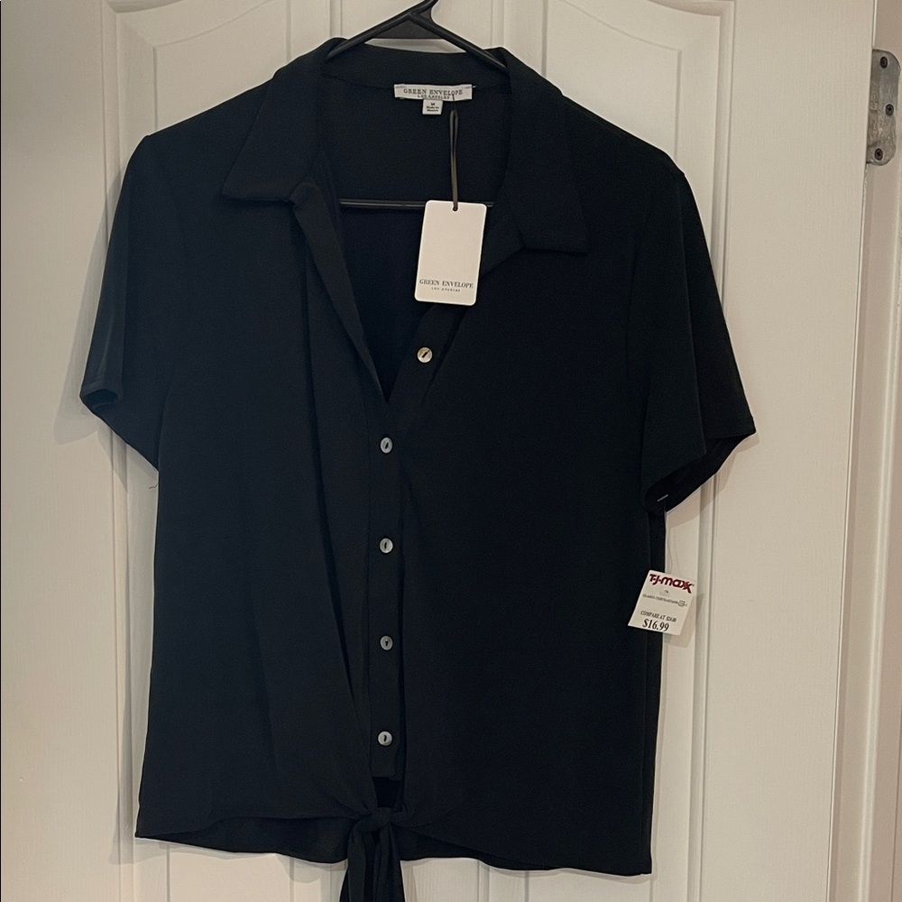 Green Envelope Black Short-Sleeve Button-Down Tie-Front Top